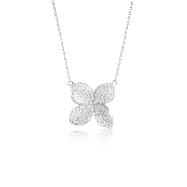 Pave CZ Flat Large Four Petal Flower Pendant in White Gold