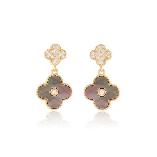 Mini CZ & Grey MOP Double Clover Earrings