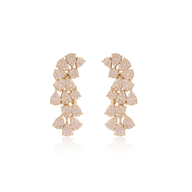 Pave Teardrop Design CZ Swirl Statement Earrings in Yellow Gold