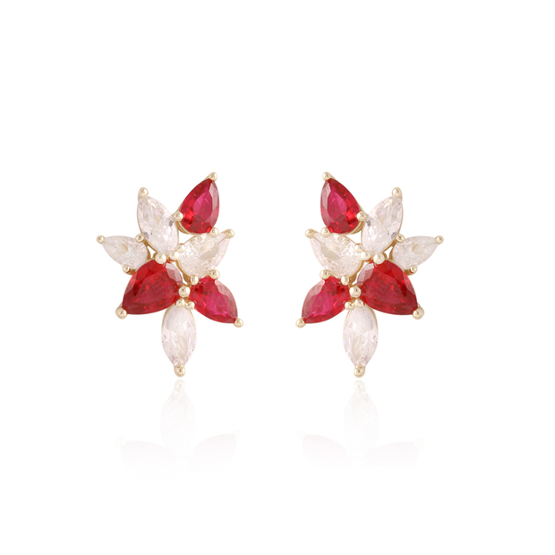 Ruby CZ Pear Floral Studs in Yellow Gold