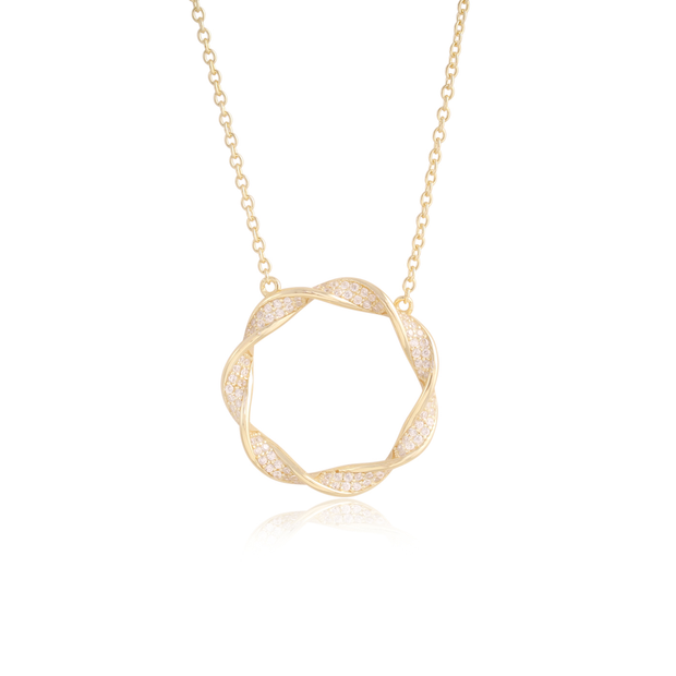 Twisted CZ & Polished Open Circle Pendant in Yellow Gold