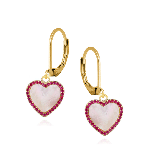 Large Mother of Pearl Fuchsia CZ Heart Lever Earrings