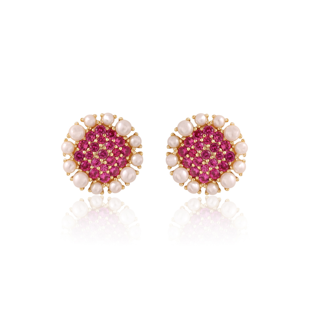 Ruby Pave Pearl Border Studs in Yellow Gold