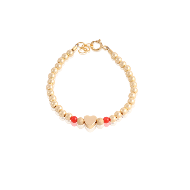 Gold Heart, 2 Red Beads & Gold Beaded Bracelet