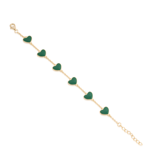 Sweet Six Green Enamel Station Hearts Bracelet in Yellow Gold