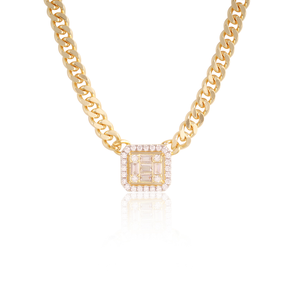 Baguette & CZ Square Cuban Link Necklace in Two-Tone