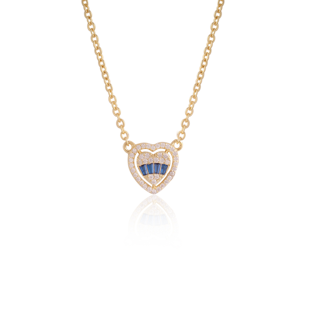 Halo Pave CZ Blue Baguette Heart Pendant in Yellow Gold