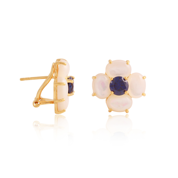BIJOUX Four Petal Flower Studs in Blue Sapphire