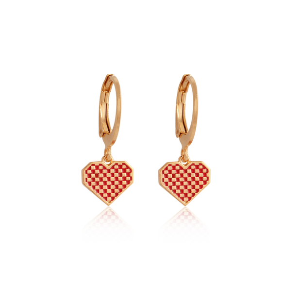 Red Enamel Small Checked Heart Drop Round Lever Earring