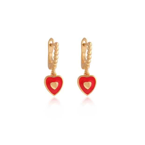 Mini Gold & Red Enamel Heart Drop Beaded Latch Earring