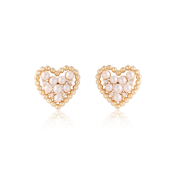 Pearl & CZ Scattered Beaded Outline Heart Studs in Yellow Gold