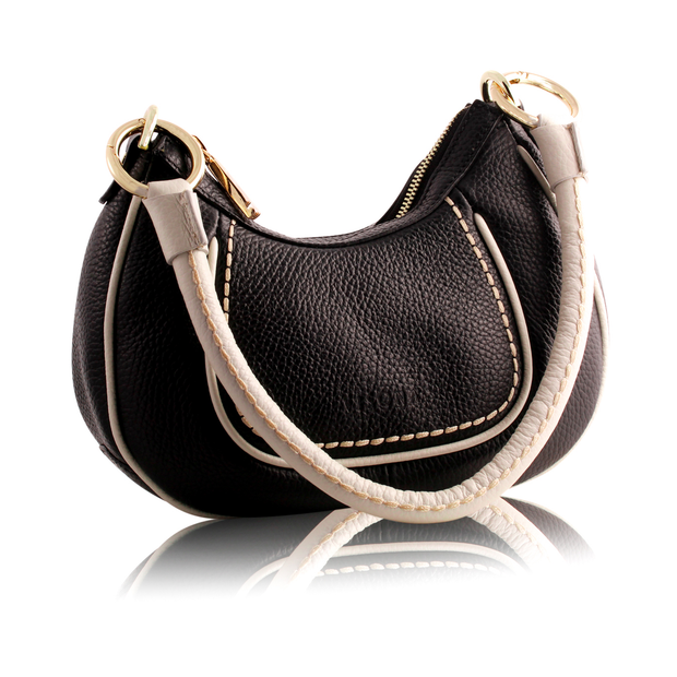 VISONA Black & Off White Leather Small Hobo Bag