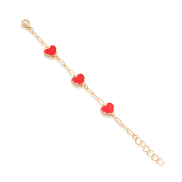 Triple Red Enamel Hearts Paperclip Bracelet