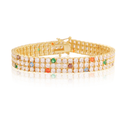 Scattered Colored CZ Three Row Tennis Bracelet in Yellow Gold