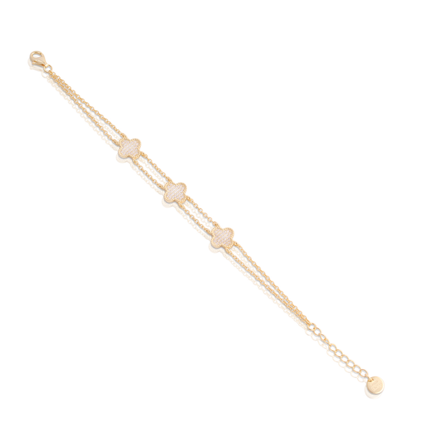 Three CZ Pave Clover Double Chain Bracelet in Yellow Gold