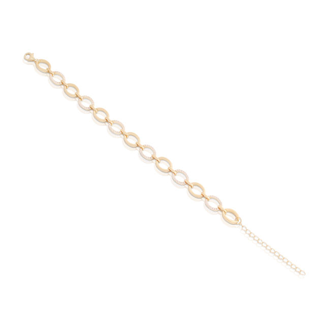 Small Brushed & CZ Open Ovals Bracelet in Yellow Gold