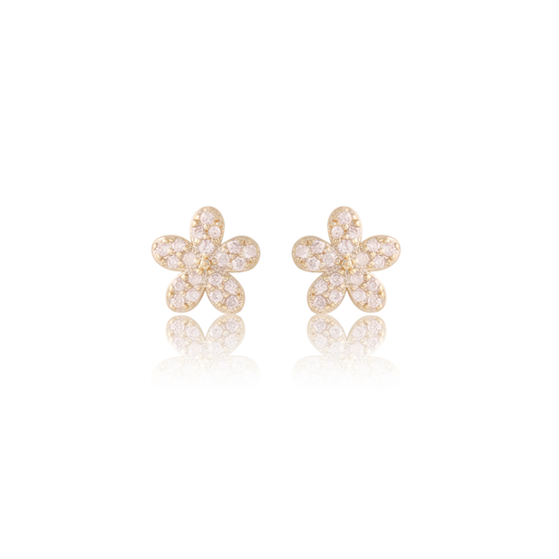 Mini CZ Pave Flower Studs in Yellow Gold