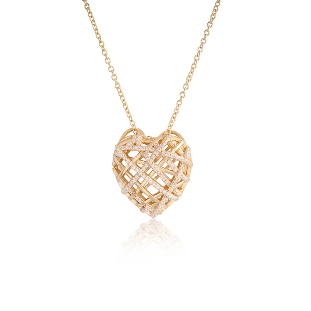 Puffed Striped CZ & Polished Lines Heart Pendant in Yellow Gold