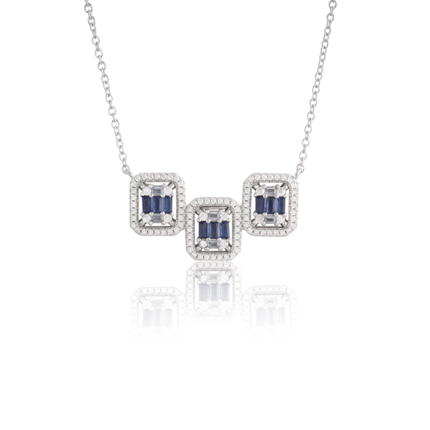 Three Rectangle Baguette Sapphire CZ Uneven Bar Pendant in White Gold