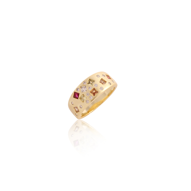 Gold Matte Scattered Multi-Color CZ Ring