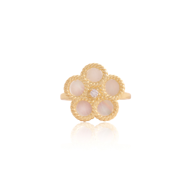 MOP Flower Circle Overlay Ring in Yellow Gold