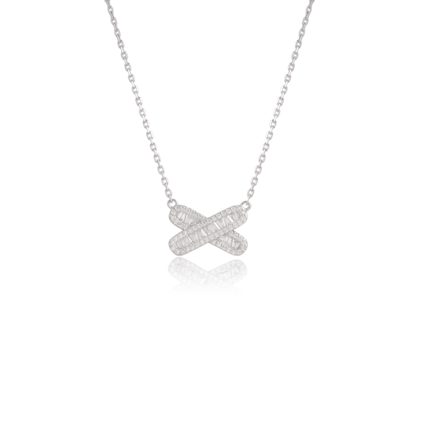 Baguette & CZ Crossover X Pendant in White Gold