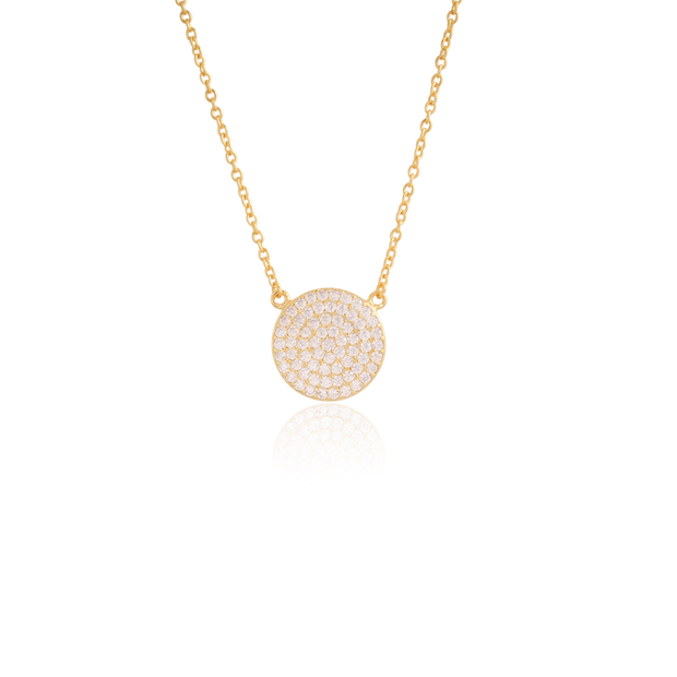 13MM CZ Pave Small Flat Circle Pendant in Yellow Gold