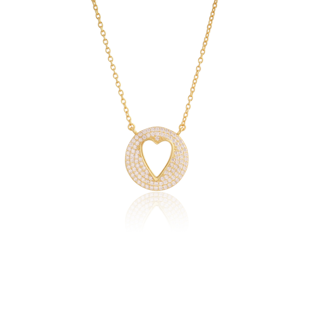 Heart Cutout CZ Pave Circle Pendant in Yellow Gold