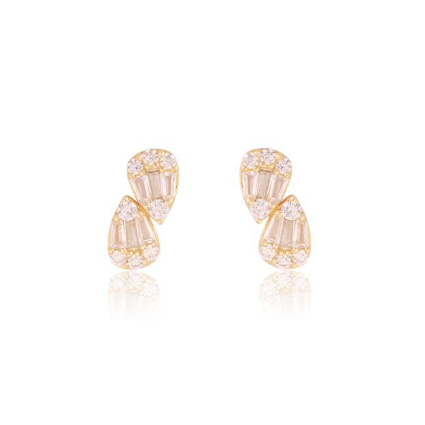 Double Baguette Teardrop Studs in Yellow Gold