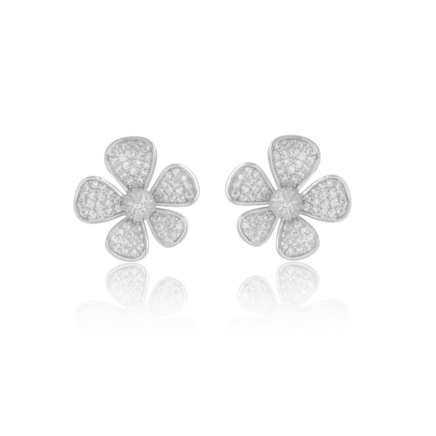 Uneven Pave Five Petal Flower Studs in White Gold