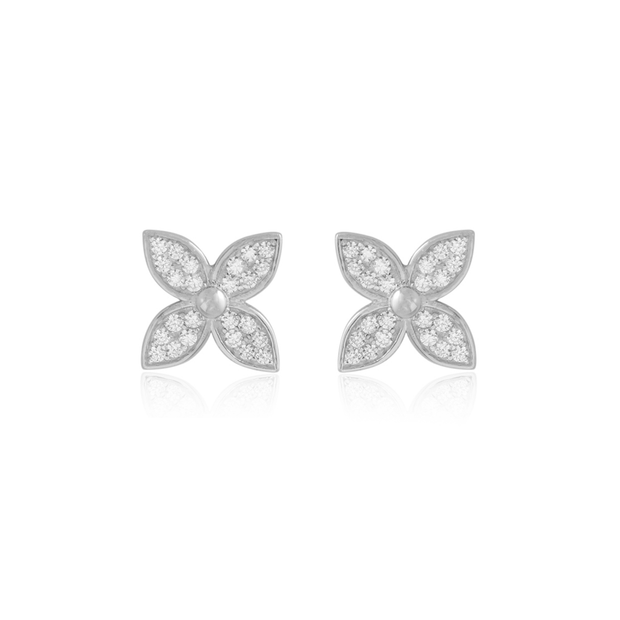 Small Pointed CZ Pave Bezel Clover Studs in White Gold