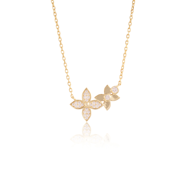 Polished & CZ Double Pointed Clover Necklace in Yellow Gold