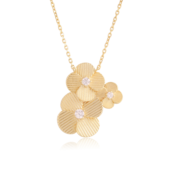 Triple Textured Graduating Cluster Floral Pendant in Yellow Gold