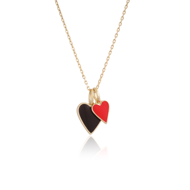 Onyx & Red Enamel Double Heart Charm Necklace