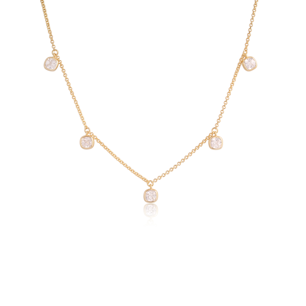 Five Mini Square Bezel CZ Charms Necklace in Yellow Gold