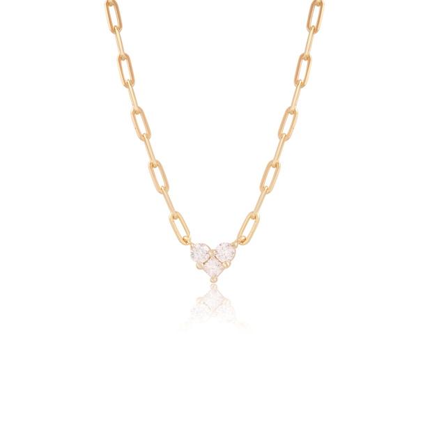 Three CZ Mini Heart Paperclip Short Necklace in Yellow Gold