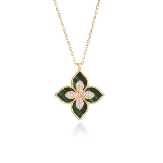 Pointed Green-stripe CZ Overlay Clover Pendant in Yellow Gold