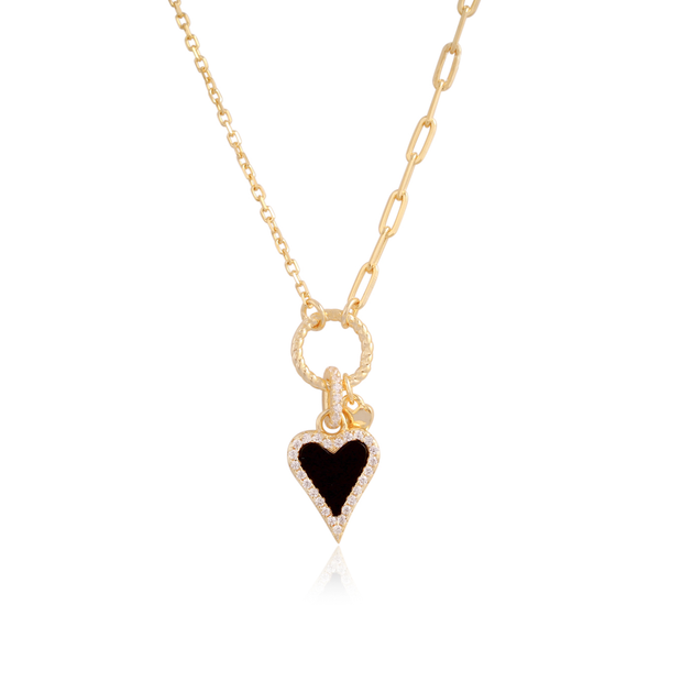 Small Onyx CZ Heart & Mini Polished Heart Necklace