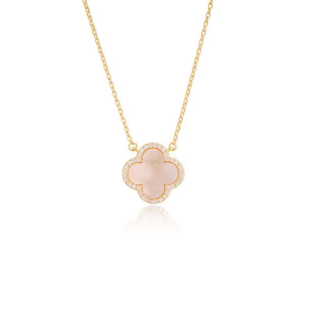 Classic MOP CZ Clover Necklace in Yellow Gold