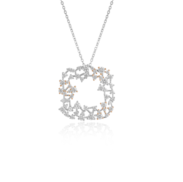 Bar & CZ Cluster CZ Design Two-Tone Open Circle Pendant in White Gold