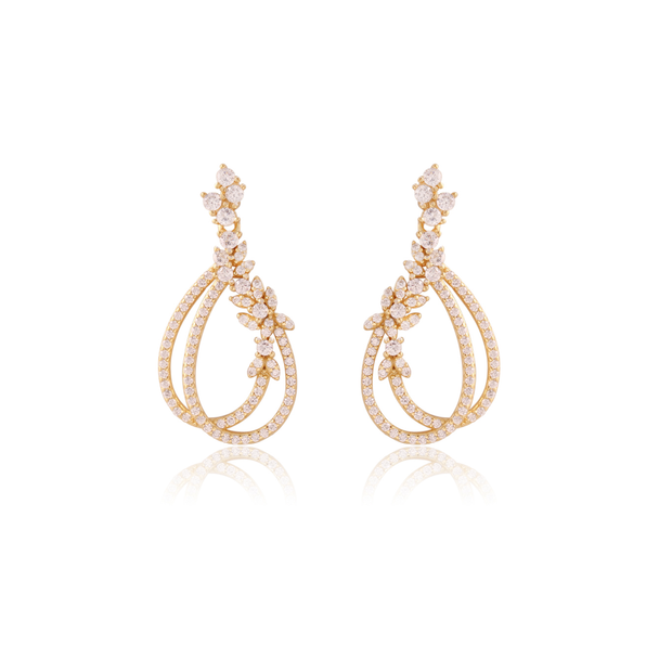 Double Open CZ Teardrop Cascading Earrings in Yellow Gold