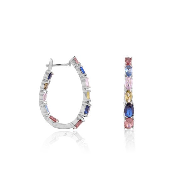 Multi-Colored Oval Shaped Hoop in White Gold