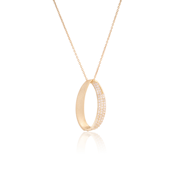 Matte Gold Oval Necklace with CZ Stones in Yellow Gold