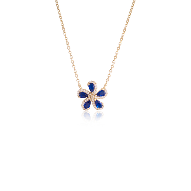 Five Petal CZ Sapphire Flower Pendant in Yellow Gold