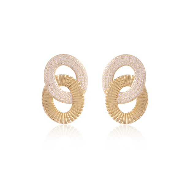 Double Linked Oval Shiny and Cz  Earring in Yellow Gold