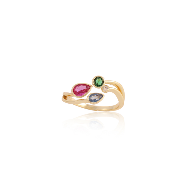 Multi Bezel-Set CZ Open Top Waved Ring in Yellow Gold