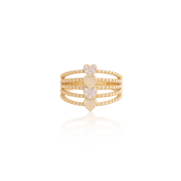 Beaded 5 Linear Polished & CZ Hearts Ring in Yellow Gold