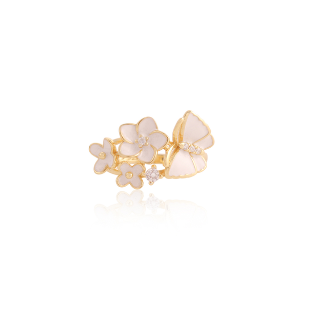 Enamel Flowers  & Butterfly CZ Ring in Yellow Gold