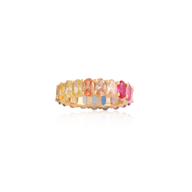 Rainbow CZ Oval Stones Ring in Yellow Gold