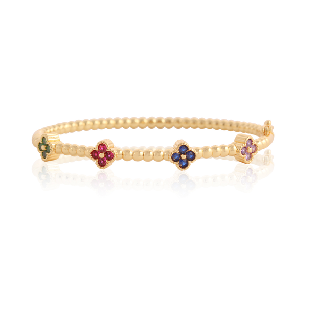 Beaded & Colored CZ Mini Clover Bangle in Yellow Gold